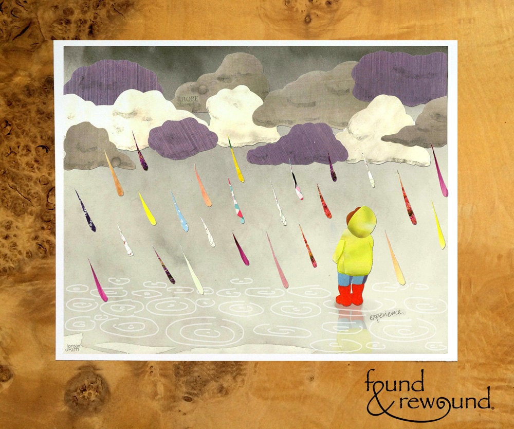 8x10 Art Print of a Child Watching Rainbow Rain in Spring Puddles / Kid's Room, Play Room, Nursery Wall Art