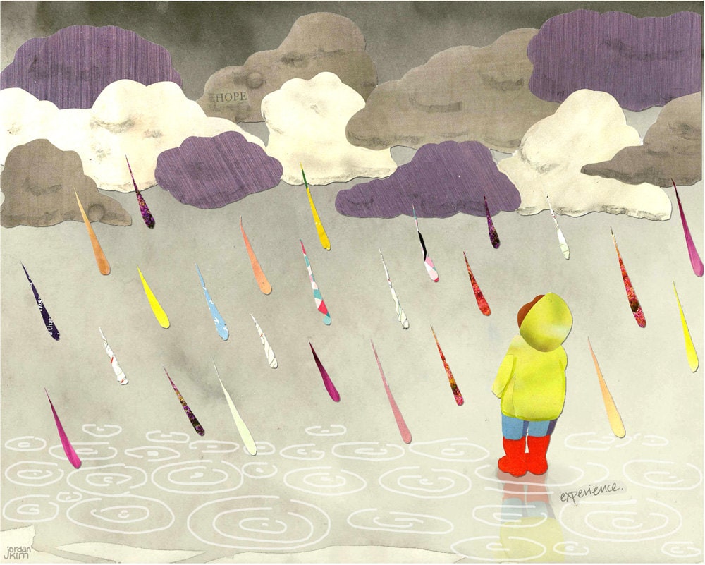8x10 Art Print of a Child Watching Rainbow Rain in Spring Puddles / Kid's Room, Play Room, Nursery Wall Art