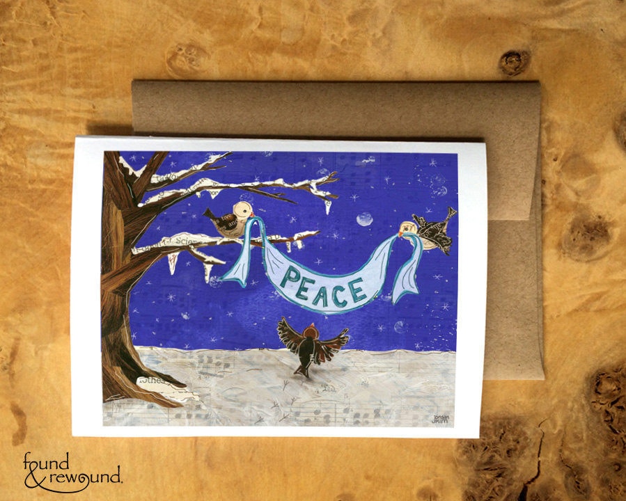Holiday Greeting Card of Little Birds Holding a Peace Sign in the Snow - Blank Inside