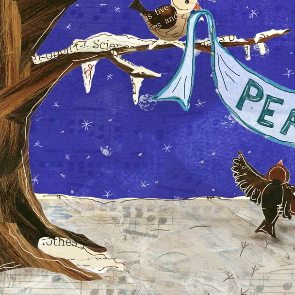 Holiday Greeting Card of Little Birds Holding a Peace Sign in the Snow - Blank Inside