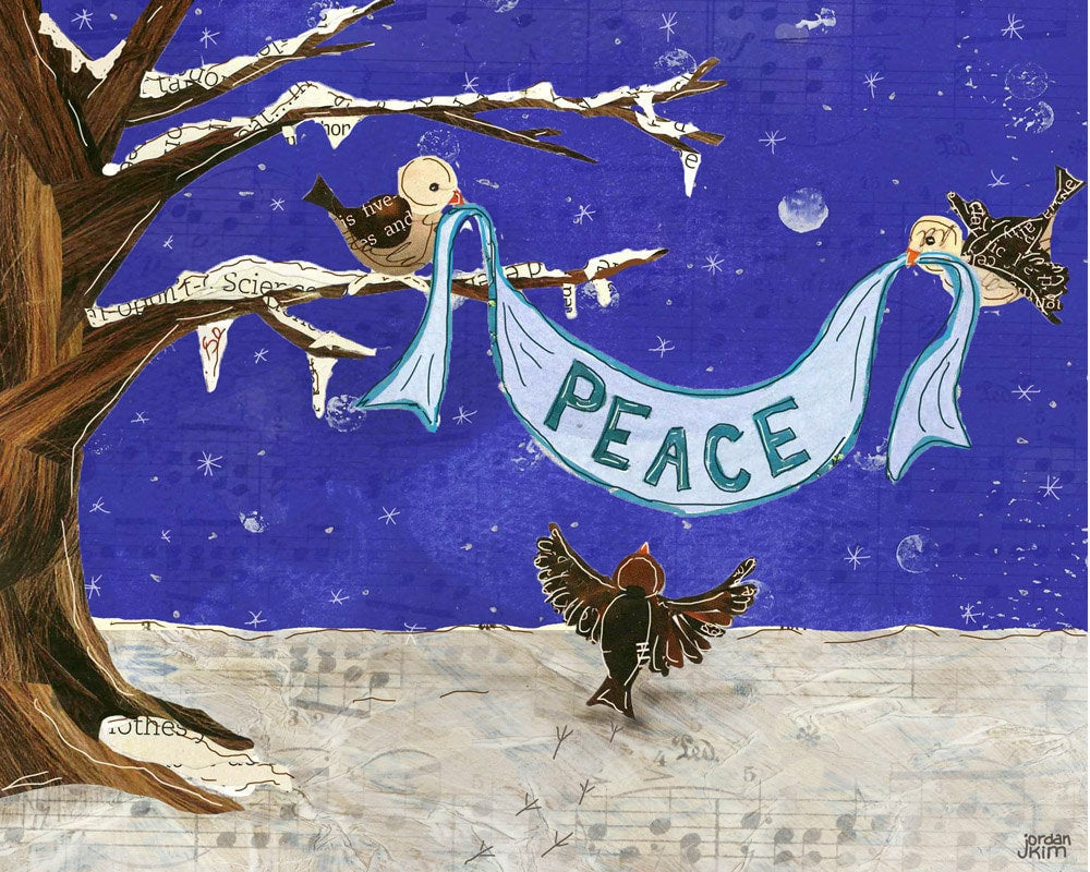 Holiday Greeting Card of Little Birds Holding a Peace Sign in the Snow - Blank Inside
