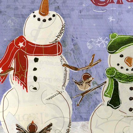 Holiday Greeting Card of Three Snowmen With Three Birds and the Words "Cheer" - Blank Inside