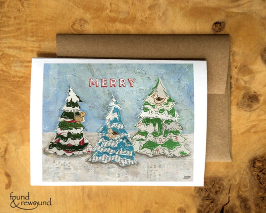 Holiday Greeting Card of Three Trees with Three Birds and the Word "Merry" - Nature - Collage - Blank Inside