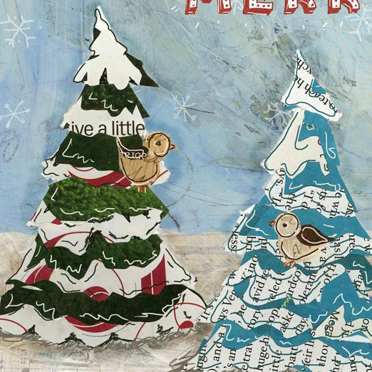 Holiday Greeting Card of Three Trees with Three Birds and the Word "Merry" - Nature - Collage - Blank Inside
