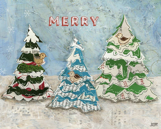 Holiday Greeting Card of Three Trees with Three Birds and the Word "Merry" - Nature - Collage - Blank Inside