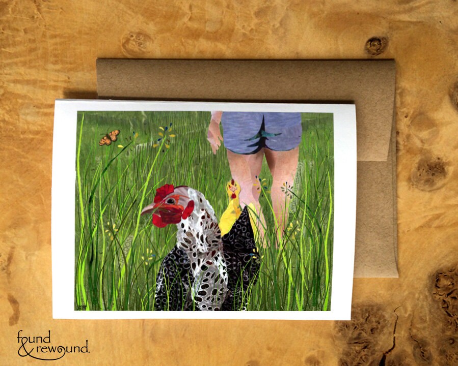 Blank Greeting Card of Chickens in Tall Green Grass in Summer - Paper Collage