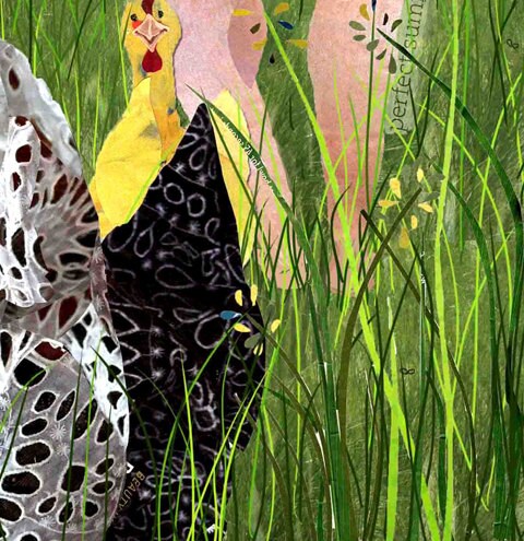 Blank Greeting Card of Chickens in Tall Green Grass in Summer - Paper Collage
