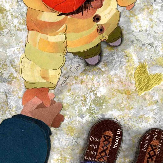 Blank Geeting Card of a Child Holding a Parent's hand in Snow Dusted Grass - Heart, Love, Parenting Art - Collage