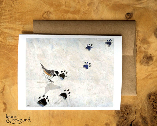 Greeting Card of a Little Bird Foraging in Footprints in the Snow - Inspiratonal Quotes - Blank Inside