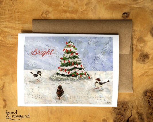 Holiday Greeting Card - Three Birds Around a Christmas Tree in the Snow - Collage - Bright - Blank Inside