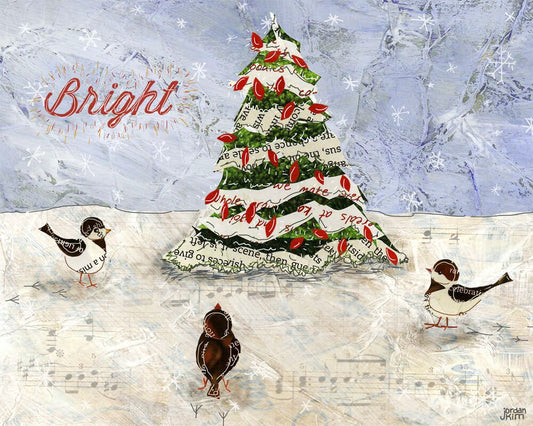 Holiday Greeting Card - Three Birds Around a Christmas Tree in the Snow - Collage - Bright - Blank Inside