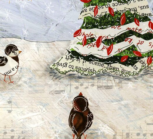 Holiday Greeting Card - Three Birds Around a Christmas Tree in the Snow - Collage - Bright - Blank Inside
