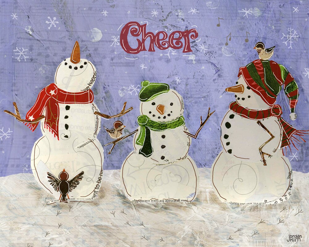 Holiday Greeting Card of Three Snowmen With Three Birds and the Words "Cheer" - Blank Inside