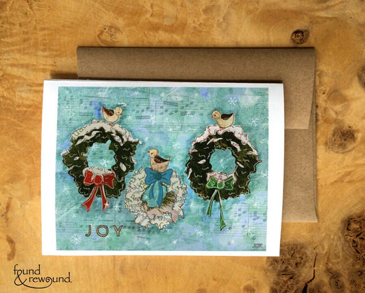 Holiday Greeting Card of Three Birds Perched on Three Wreaths - Joy - Aqua - Nature - Blank Inside
