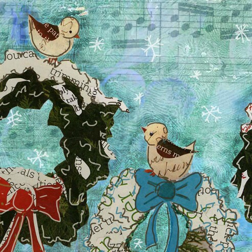 Holiday Greeting Card of Three Birds Perched on Three Wreaths - Joy - Aqua - Nature - Blank Inside