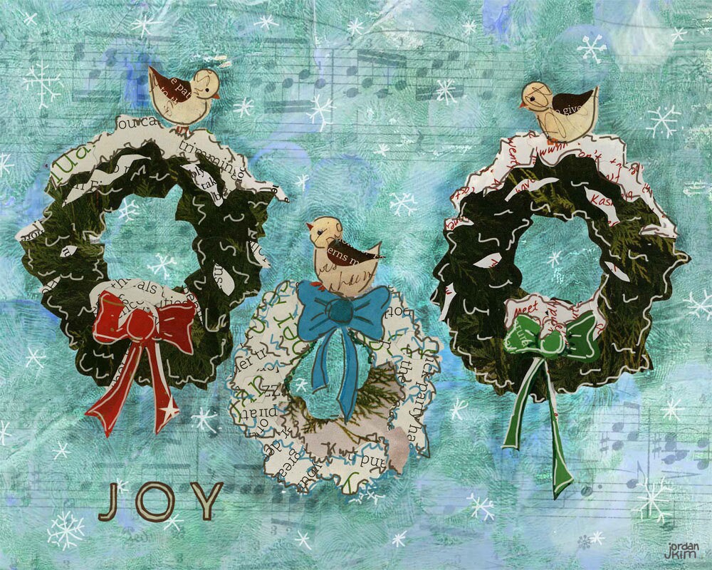 Holiday Greeting Card of Three Birds Perched on Three Wreaths - Joy - Aqua - Nature - Blank Inside