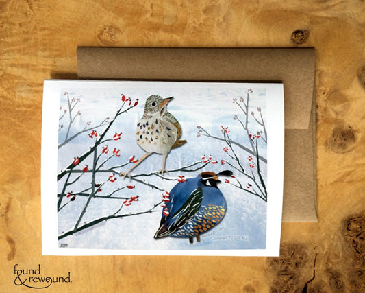 Greeting Card of Birds in the Snow - Quail and Thrush - Paper Collage - Blank Inside - Anytime Nature Card