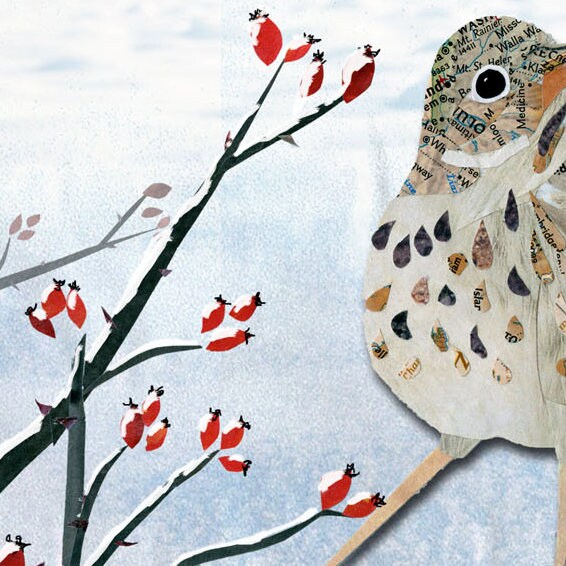Greeting Card of Birds in the Snow - Quail and Thrush - Paper Collage - Blank Inside - Anytime Nature Card