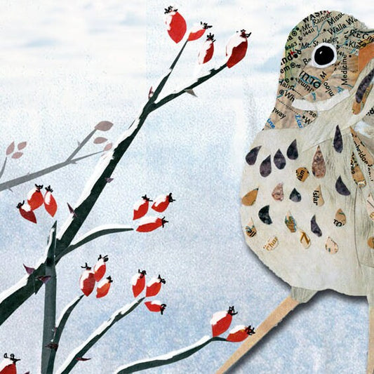 Greeting Card of Birds in the Snow - Quail and Thrush - Paper Collage - Blank Inside - Anytime Nature Card