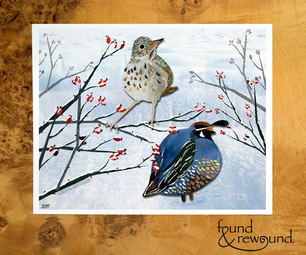 8x10 Art Print of Birds in the Snow - Quail and Thrush, Winter, Nature Wall Art