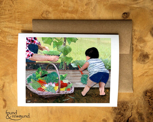 Greeting Card of a Parent and Child Picking Veggies in the Garden - Baby Shower - Nursery - Gardener Mother/Father Blank Card