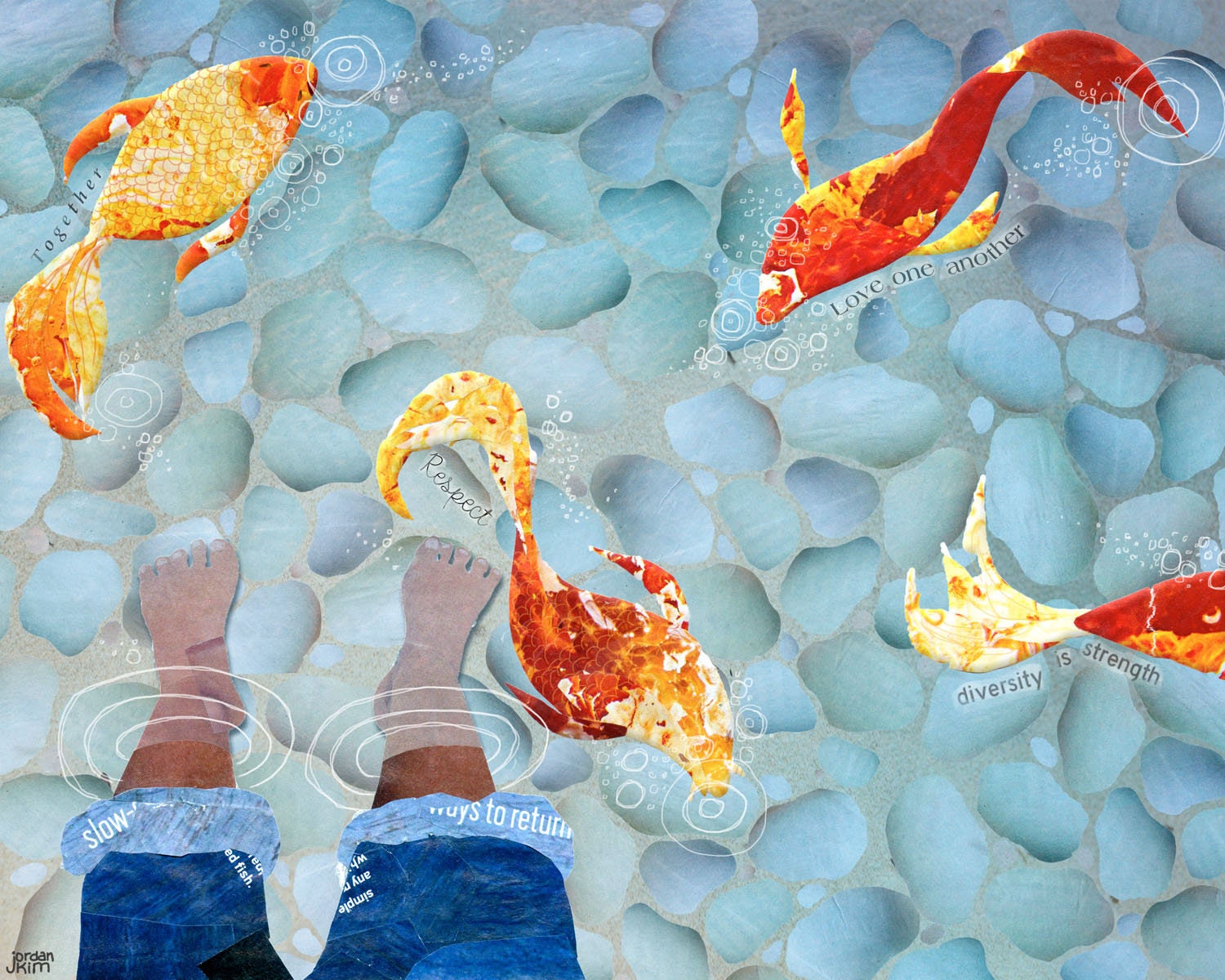 8x10 Art Print of Feet in a Koi Pond With Fish Swimming Around - Inspirational Wall Art - Housewarming Gift - Diversity Unites Us
