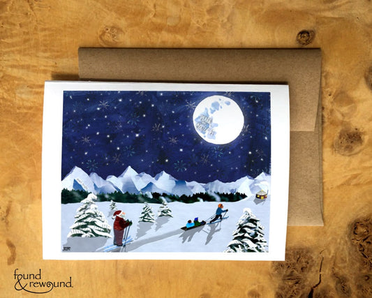 Greeting Card of a Father and Santa Taking a Moolight Ski with Children - Blue - Chirstmas - Holiday Card - Blank Inside