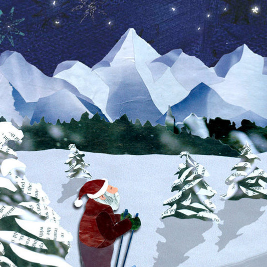 Greeting Card of a Father and Santa Taking a Moolight Ski with Children - Blue - Chirstmas - Holiday Card - Blank Inside