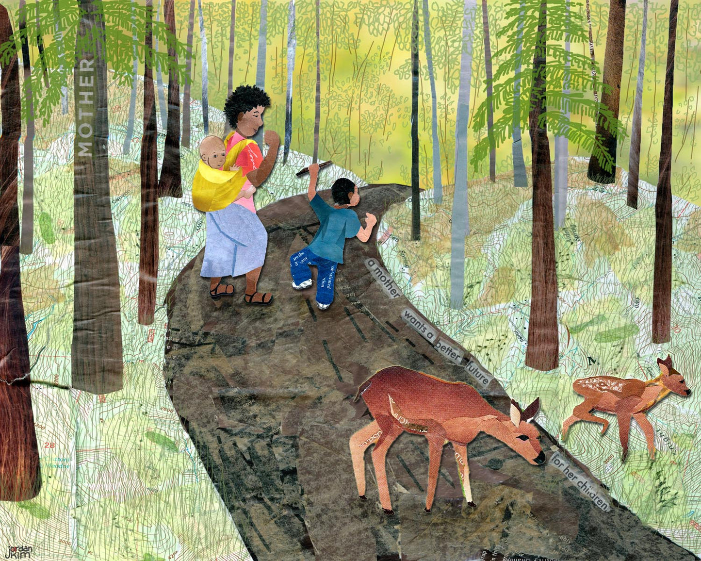 Greeting Card of a Mother Walking w/her Children in the Woods with Deer - Mother's Day - Mom - Nature Lover - Blank Card