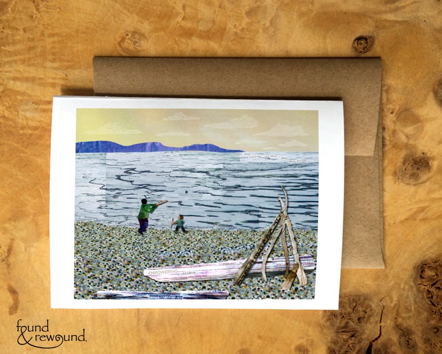 Greeting Card of a Father and Son Hitting Rocks on the Beach - Father's Day - Dad - Papa - Father Figure - Blank Card