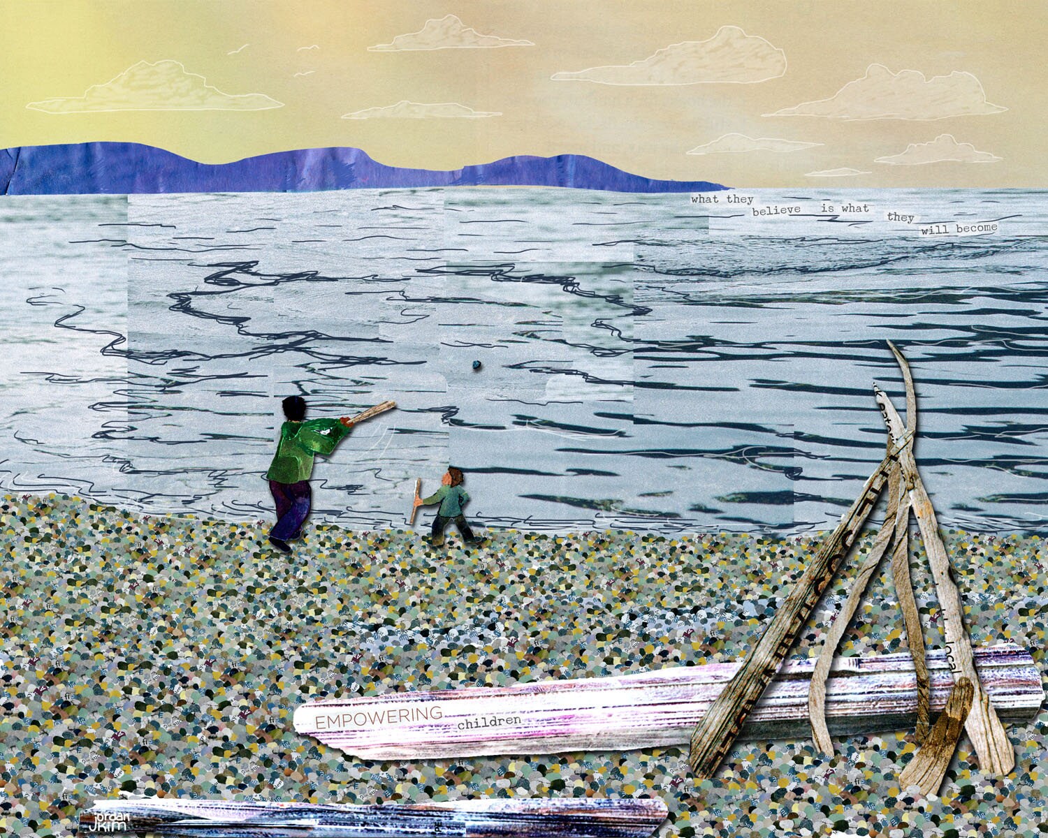 Greeting Card of a Father and Son Hitting Rocks on the Beach - Father's Day - Dad - Papa - Father Figure - Blank Card