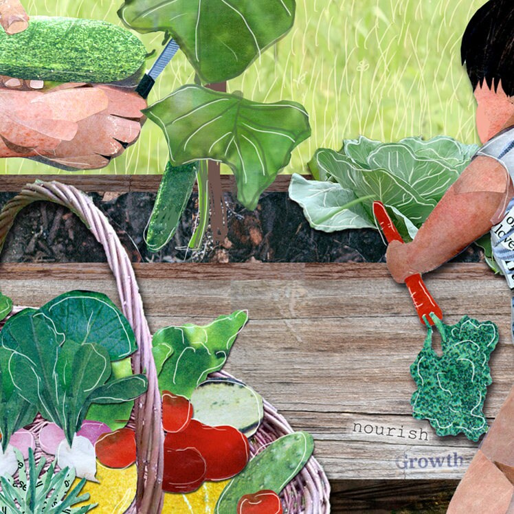 8x10 Art Print of a Parent and Child Picking Veggies in the Garden - Baby Shower - Nursery - Gardener Mother/Father Gift