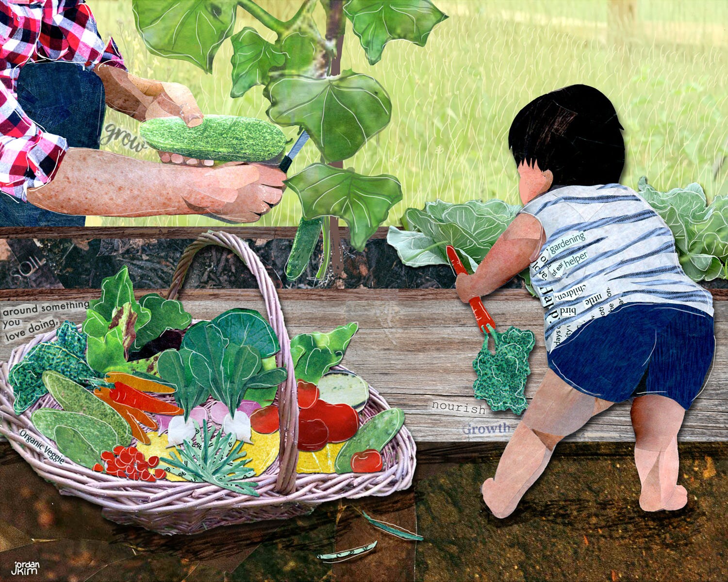 Greeting Card of a Parent and Child Picking Veggies in the Garden - Baby Shower - Nursery - Gardener Mother/Father Blank Card