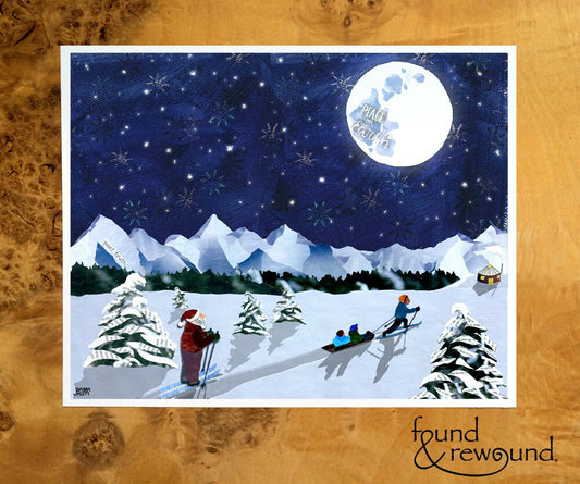8x10 Art Print of a Father and Santa Taking a Moolight Ski with Children - Blue - Chirstmas - Holiday Gift - Home Decor