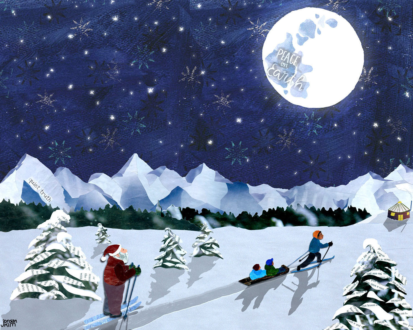 Greeting Card of a Father and Santa Taking a Moolight Ski with Children - Blue - Chirstmas - Holiday Card - Blank Inside