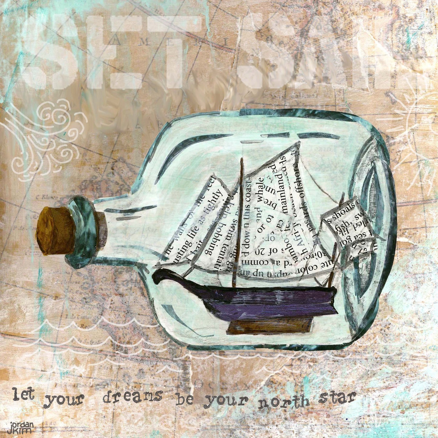 Greeting Card of a Original Collage of a Ship in a Bottle - Set Sail - Inspirational Card - Blank Card