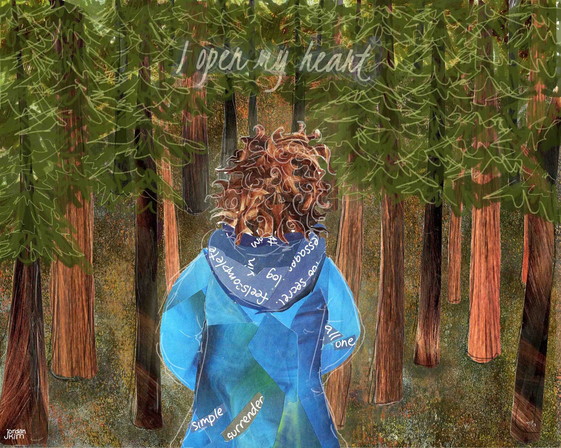 8x10 Art Print of a Woman in the Forest with words "I Open My Heart" - Support Gift - Nature Lover - Wall Art - Prayer - Meditation