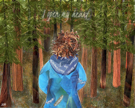 8x10 Art Print of a Woman in the Forest with words "I Open My Heart" - Support Gift - Nature Lover - Wall Art - Prayer - Meditation