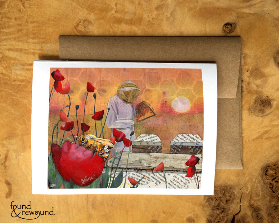 Greeting Card of a honeybee with a beekeeper and sunrise - bees - red poppies - blank inside - apiary - summer - Gardener card