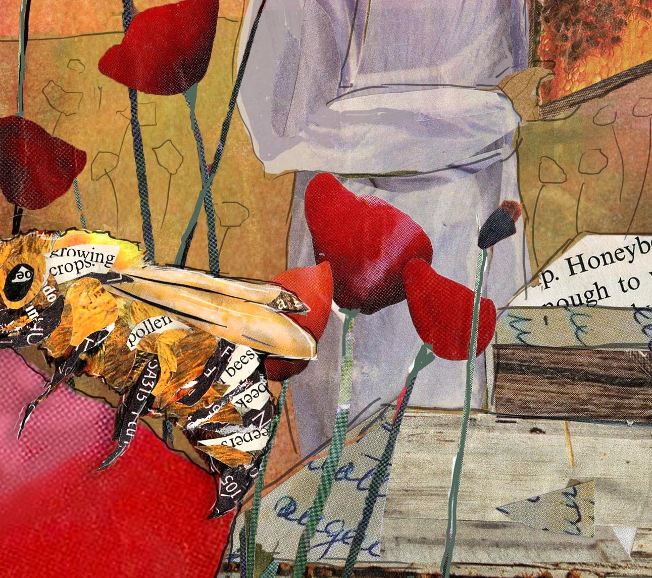 Greeting Card of a honeybee with a beekeeper and sunrise - bees - red poppies - blank inside - apiary - summer - Gardener card