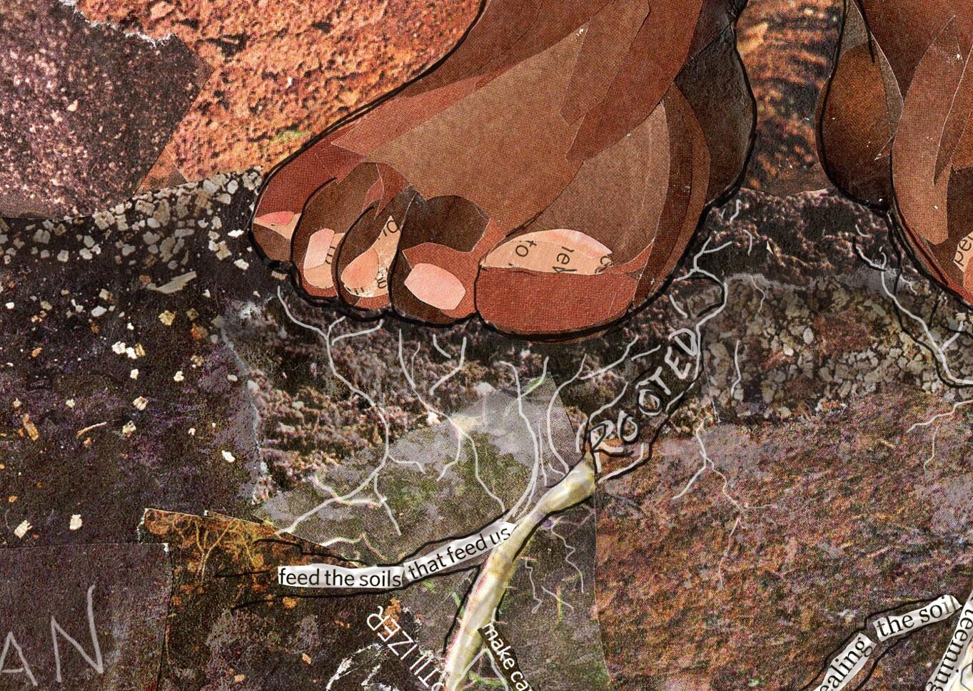 Greeting Card of feet in the soil with roots of text collaged - gardening - connection - earth - nature lover card - blank inside