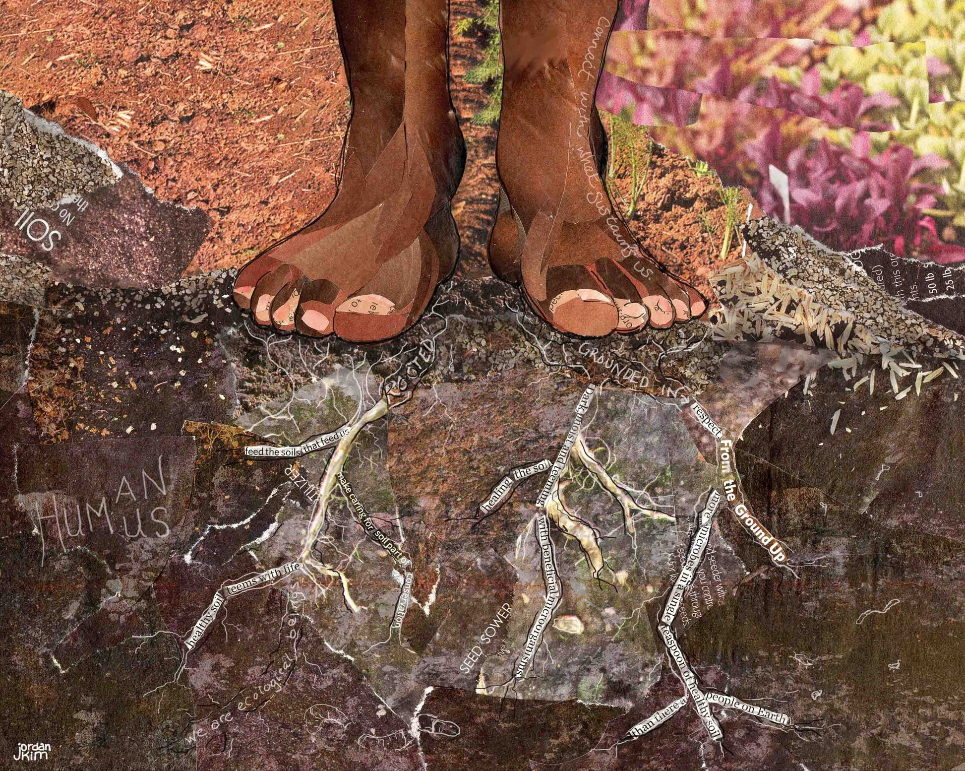 Greeting Card of feet in the soil with roots of text collaged - gardening - connection - earth - nature lover card - blank inside