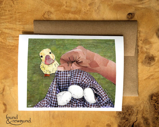 Greeting Card of a duckling looking up at person gathering eggs - farm fresh - eggs - ducks - blank inside - Easter - Mother's Day