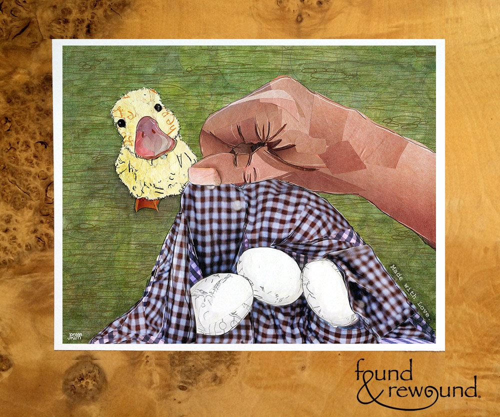 8x10 Art Print of a duckling looking up at person gathering eggs - farm fresh - eggs - kitchen wall art - ducks