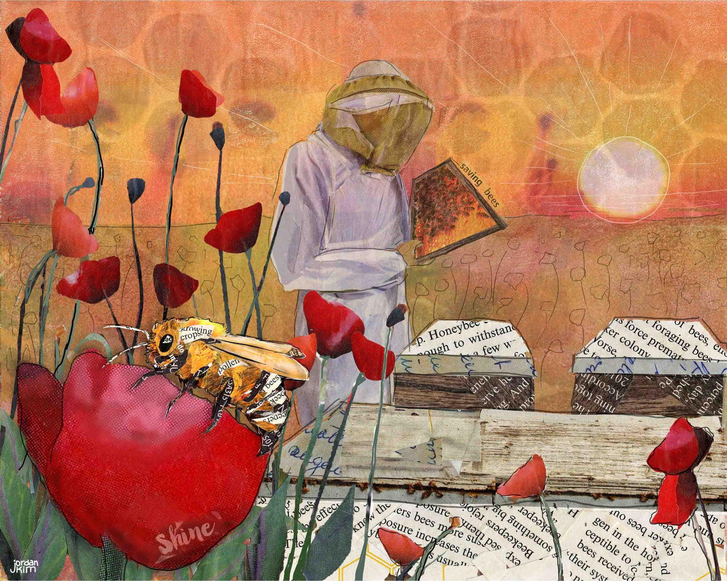 Greeting Card of a honeybee with a beekeeper and sunrise - bees - red poppies - blank inside - apiary - summer - Gardener card