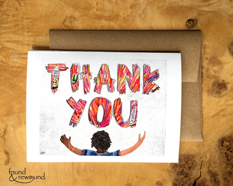 Greeting Card of of the words "Thank You" with a person with arms outstretched - gratitude, inspiration, reminder, support, blank inside