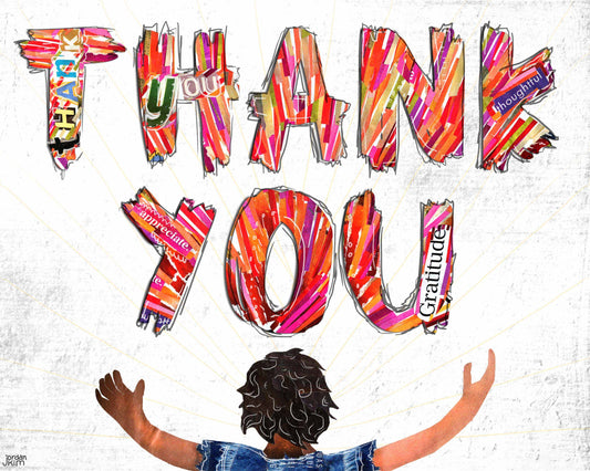 Greeting Card of of the words "Thank You" with a person with arms outstretched - gratitude, inspiration, reminder, support, blank inside