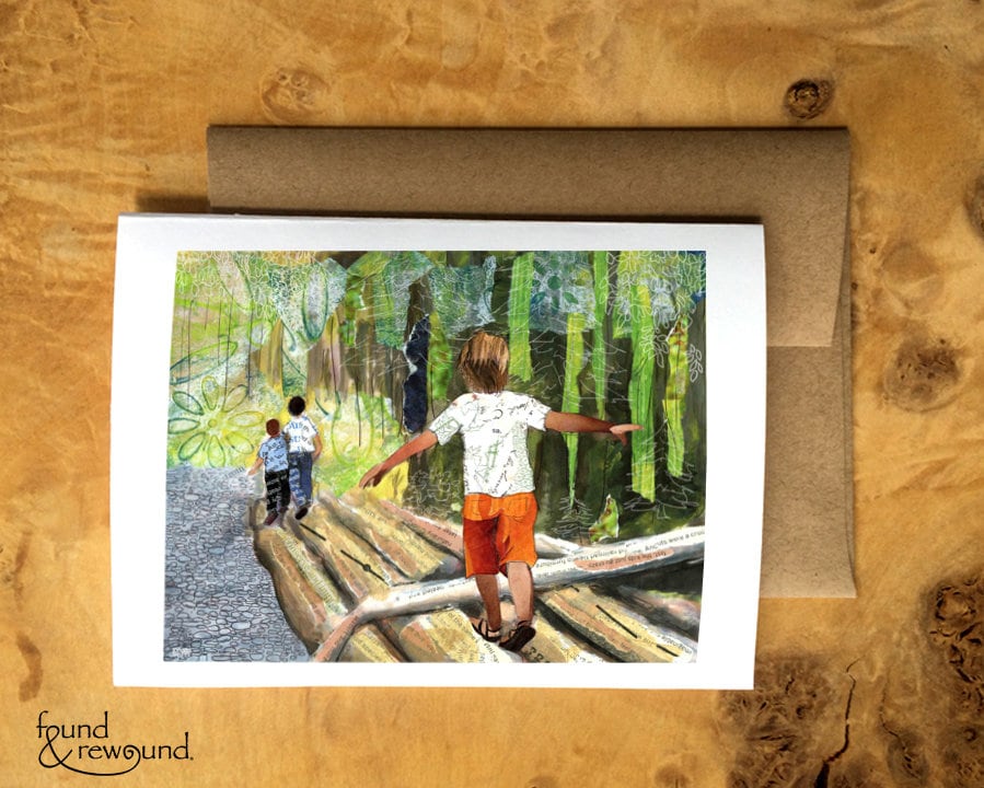 Greeting Card of a Paper Collage of Kids Balancing on Logs Walking Through the Forest - Inspirational - Blank Inside