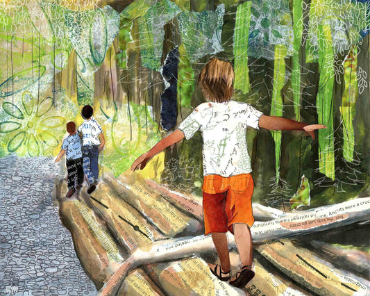 Greeting Card of a Paper Collage of Kids Balancing on Logs Walking Through the Forest - Inspirational - Blank Inside