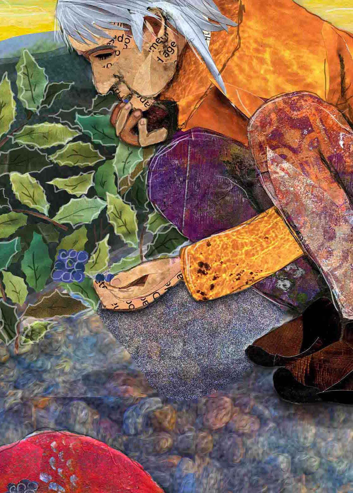 Greeting Card of a Paper Collage of Older Woman Gathering Oregon Grape Berries in a Hat - Blank Inside